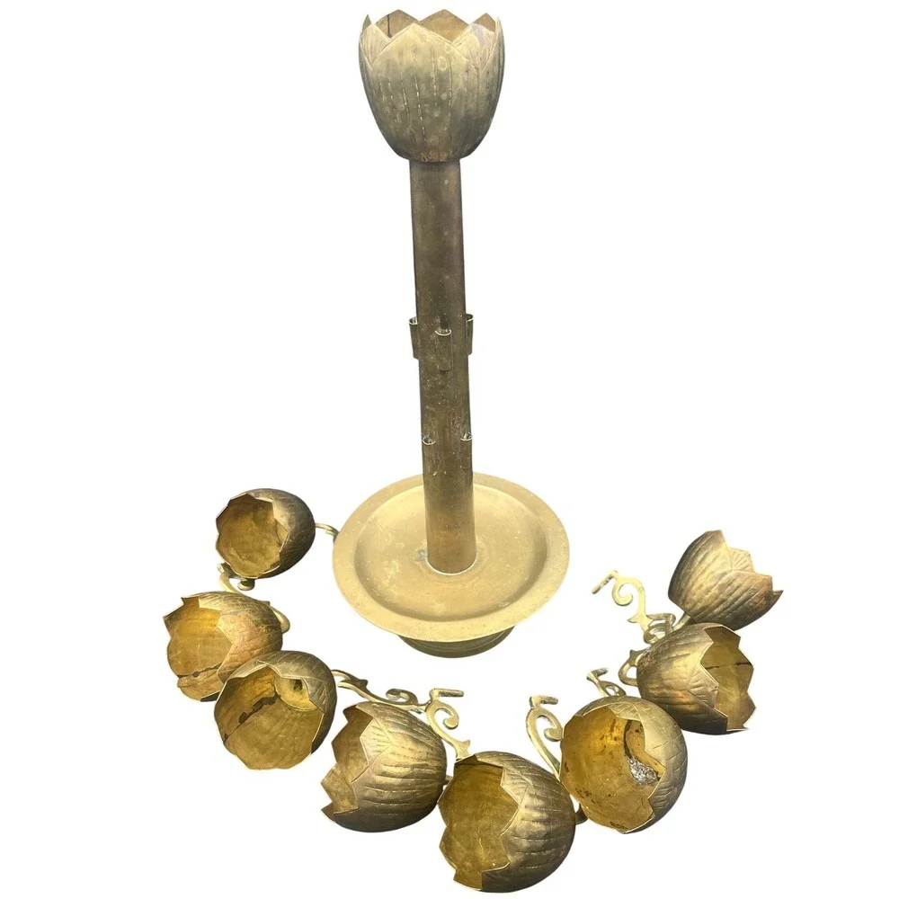 Rare Mid Century Feldman Lighting Brass 9 cup Lotus Flower Candelabra Tea Lights